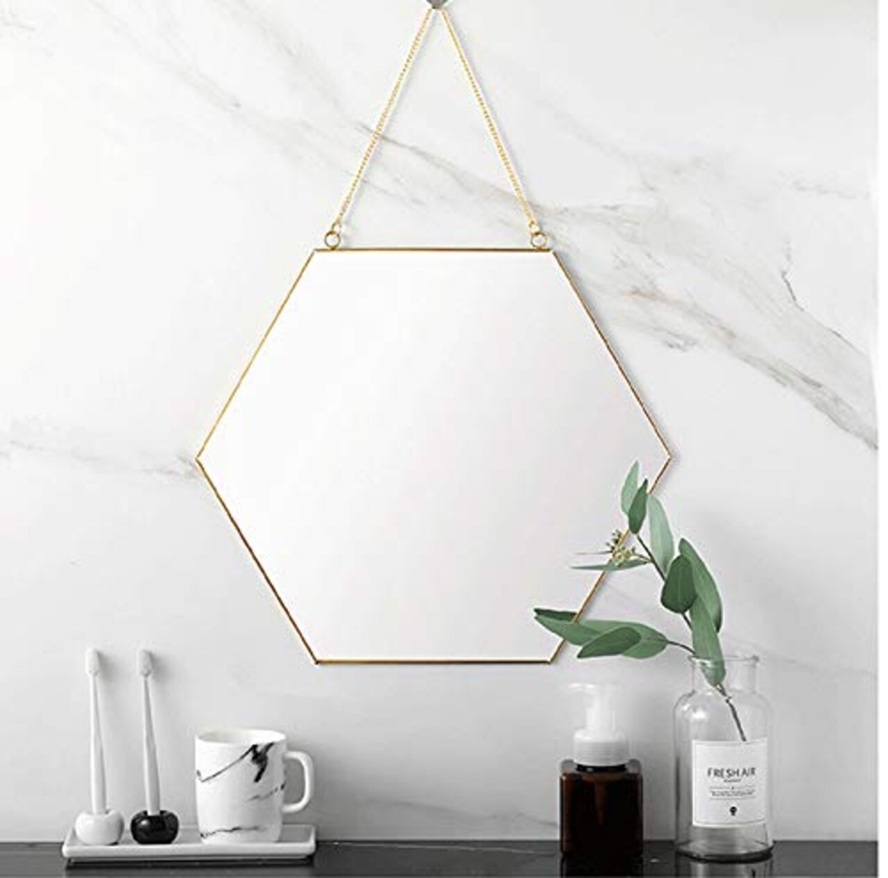 11.81"X10.24" Gold Hexagon Mirror Wall Decor Small Decorative Mirror Hanging Mirrors for Wall Home Bathroom Bedroom Living Room, Small, Gold